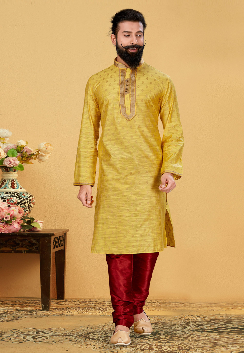 Yellow Jacquard Silk Kurta Pajama 222099