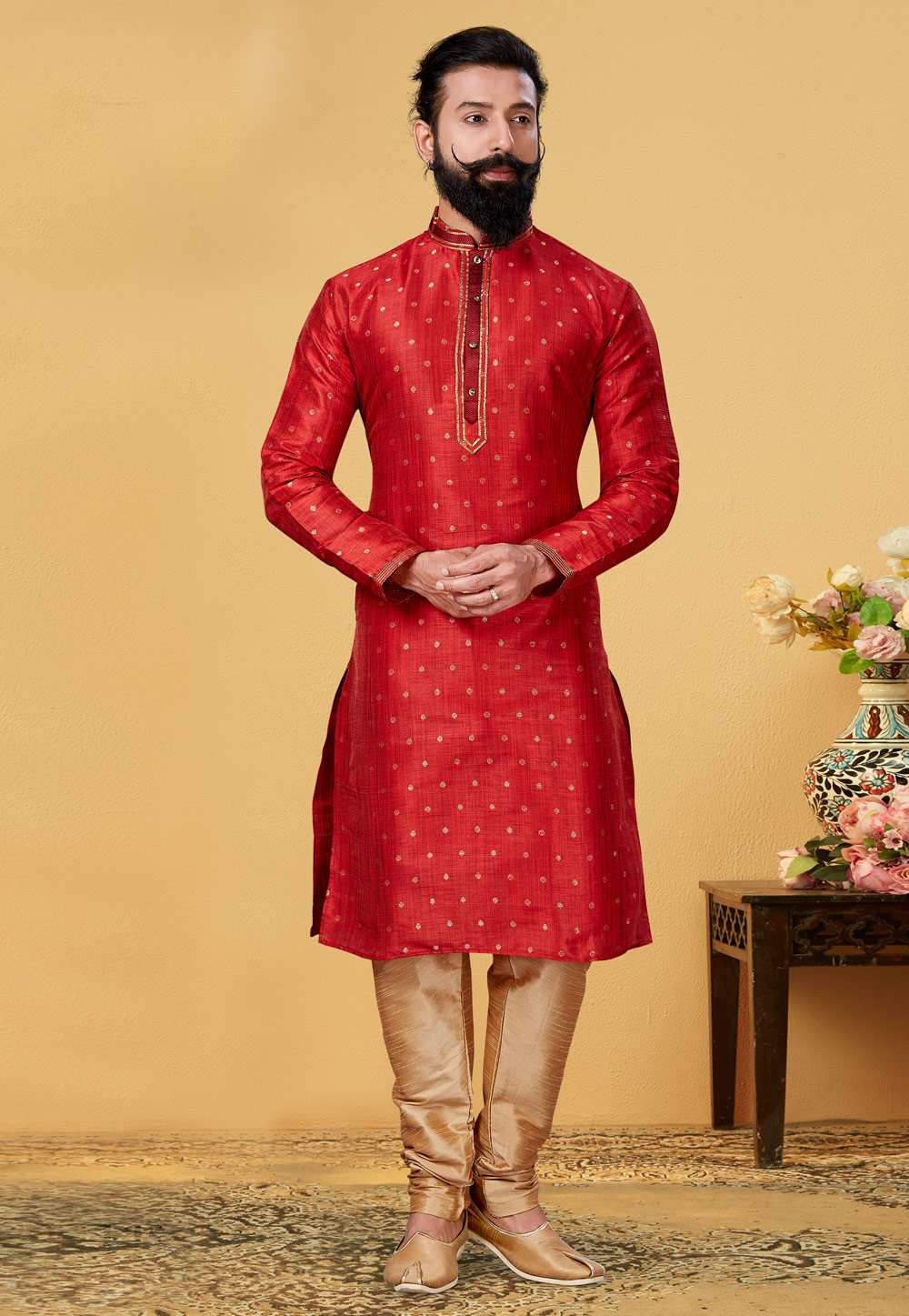Red Jacquard Silk Kurta Pajama 222100