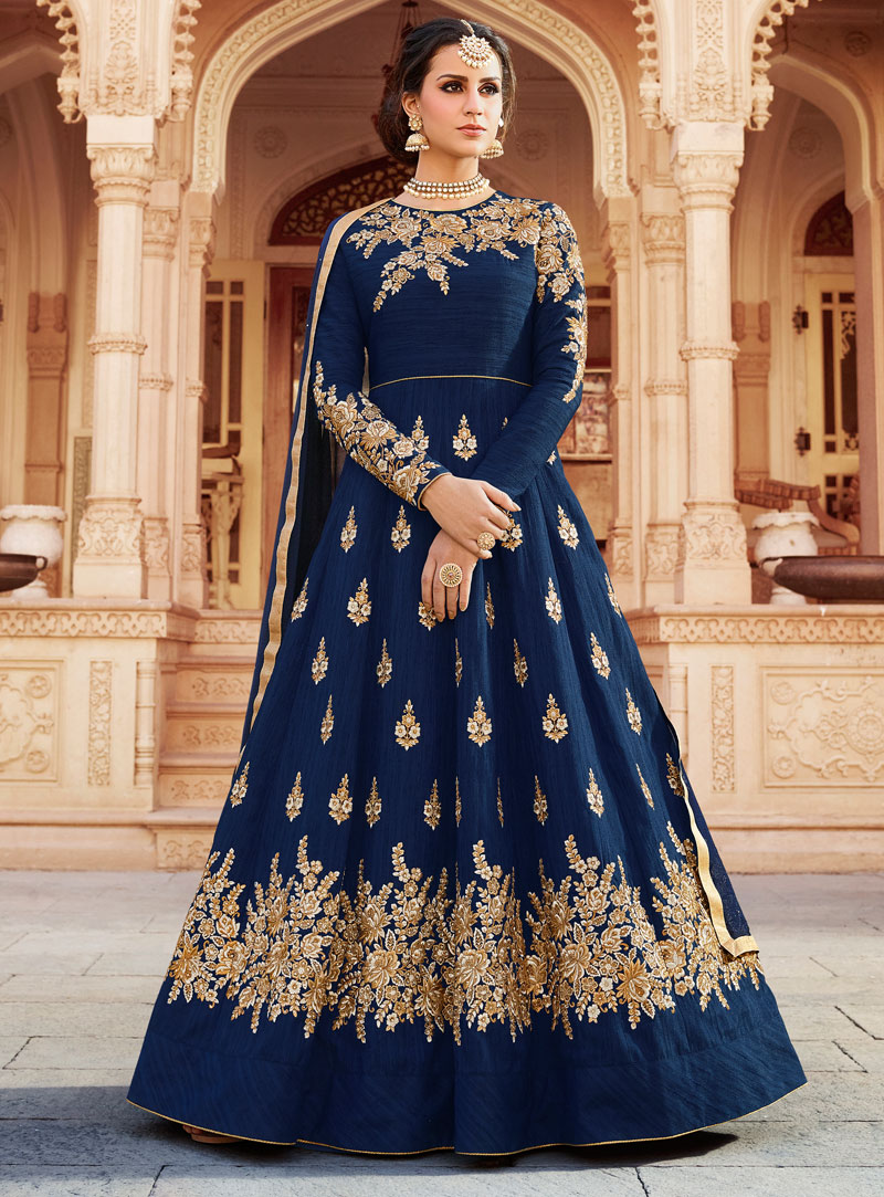 Navy Blue Silk Floor Length Anarkali Suit 105397