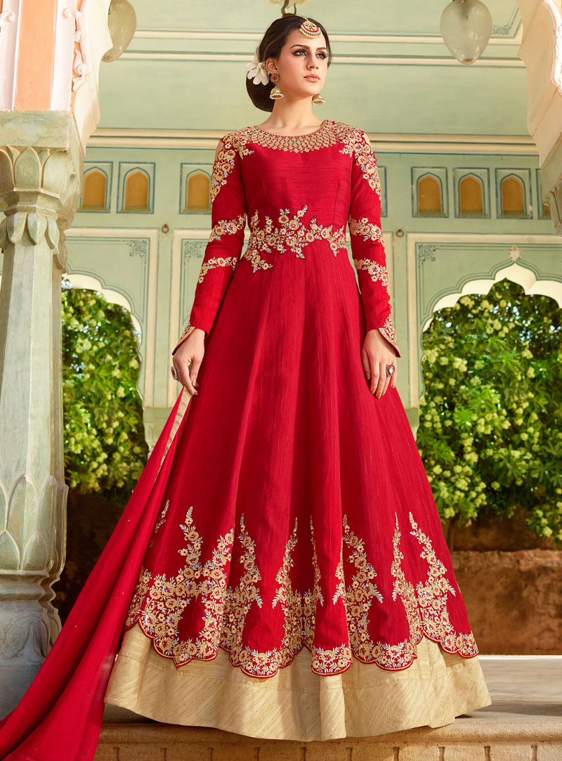 Red Silk Long Choli Lehenga With Cold Shoulder Sleeves 105398