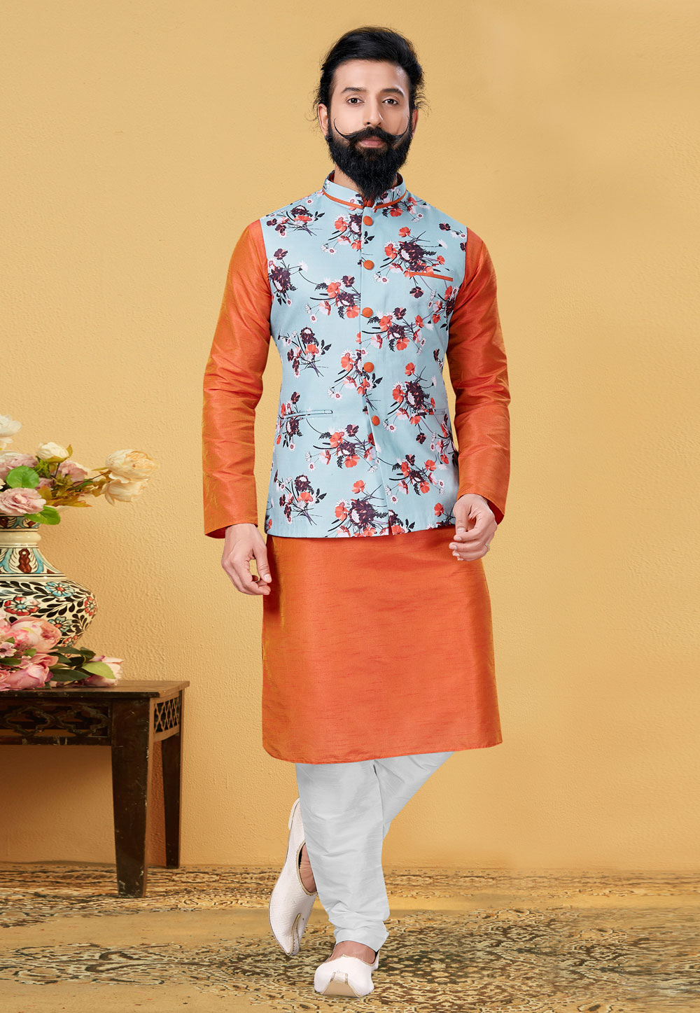 Orange Dupion Silk Kurta Pajama With Jacket 222142