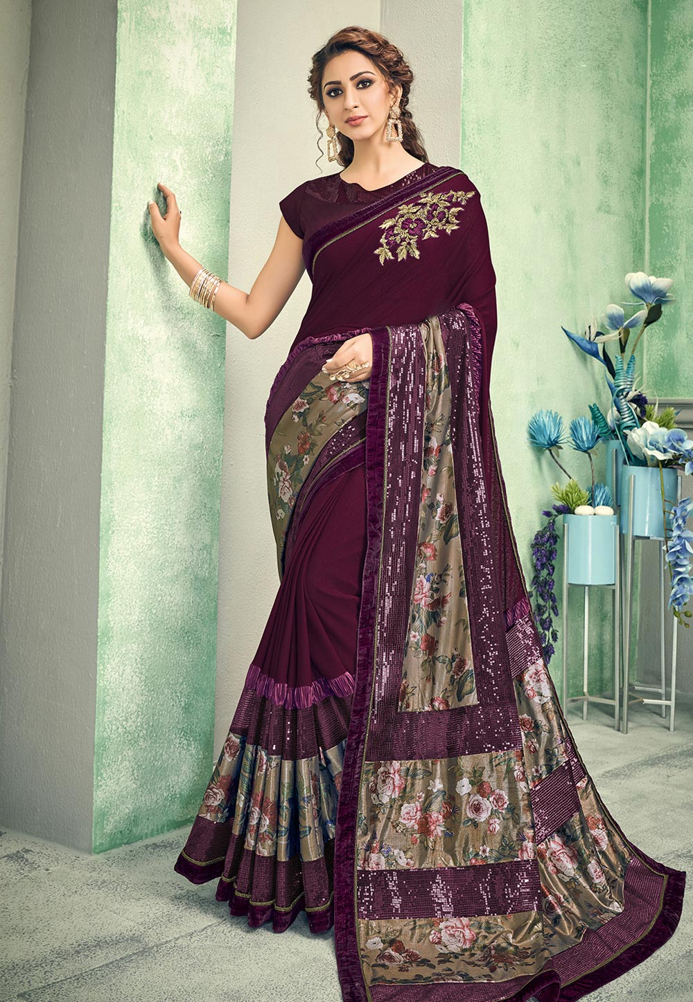 Maroon Lycra Saree With Blouse 208864