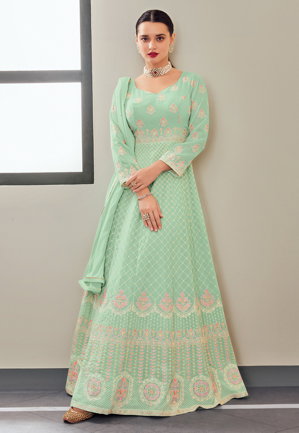 Sea Green Georgette Embroidered Long Anarkali Suit 231019