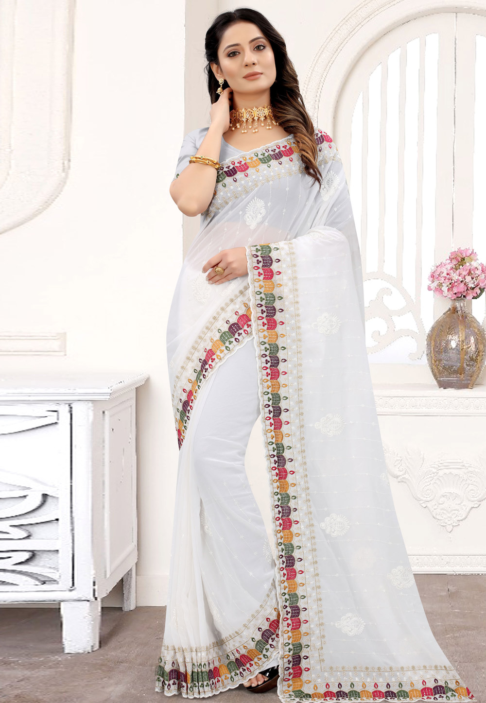 Off White Georgette Saree With Blouse 240926