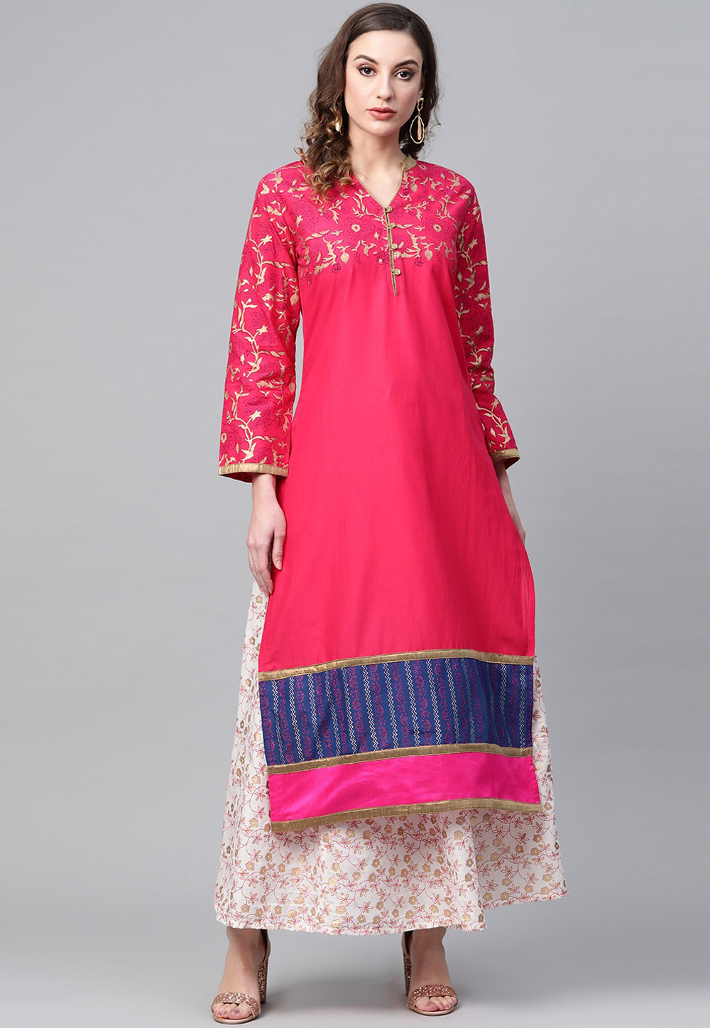 Pink Cotton Readymade Kurta Set With Skirt 208178