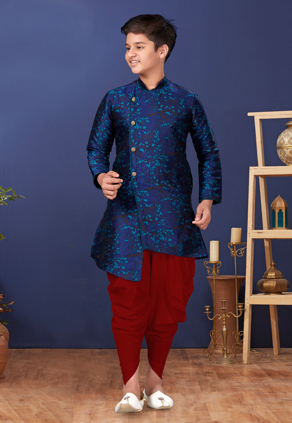 Blue Jacquard Silk Kids Indo Western Suit 222259