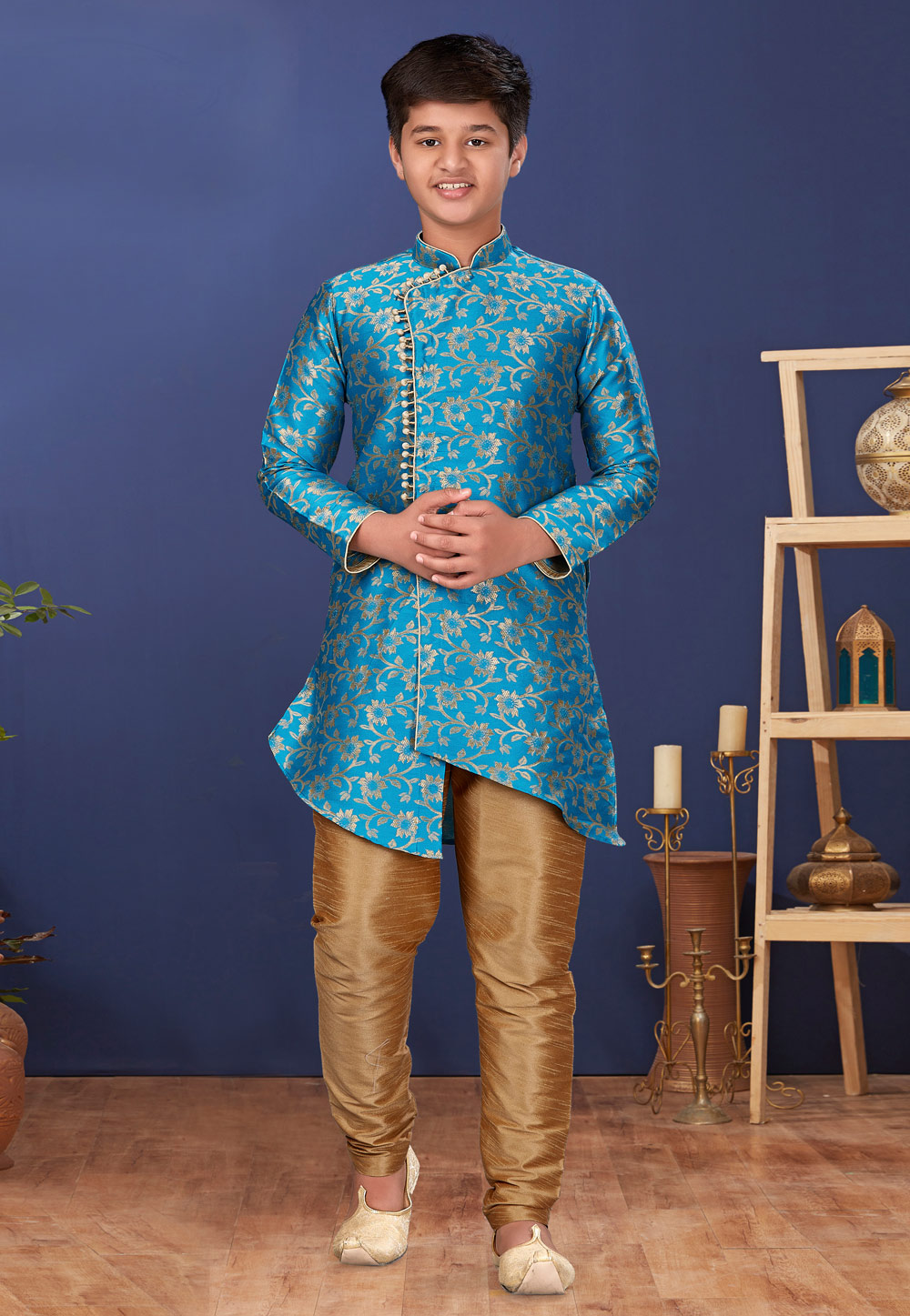 Sky Blue Silk Kids Indo Western Suit 222263