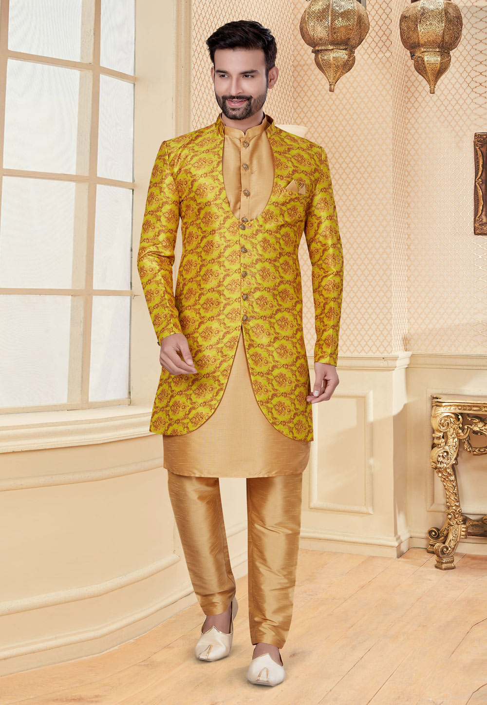 Yellow Silk Indo Western Suit 232020