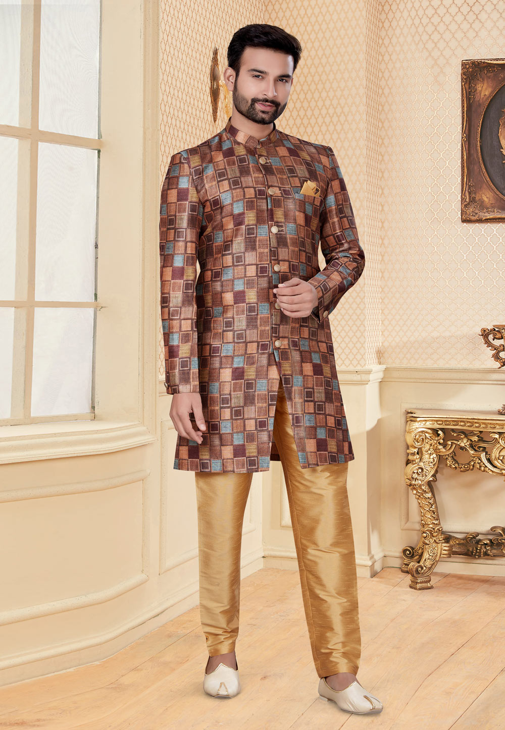 Brown Jacquard Indo Western Suit 232023