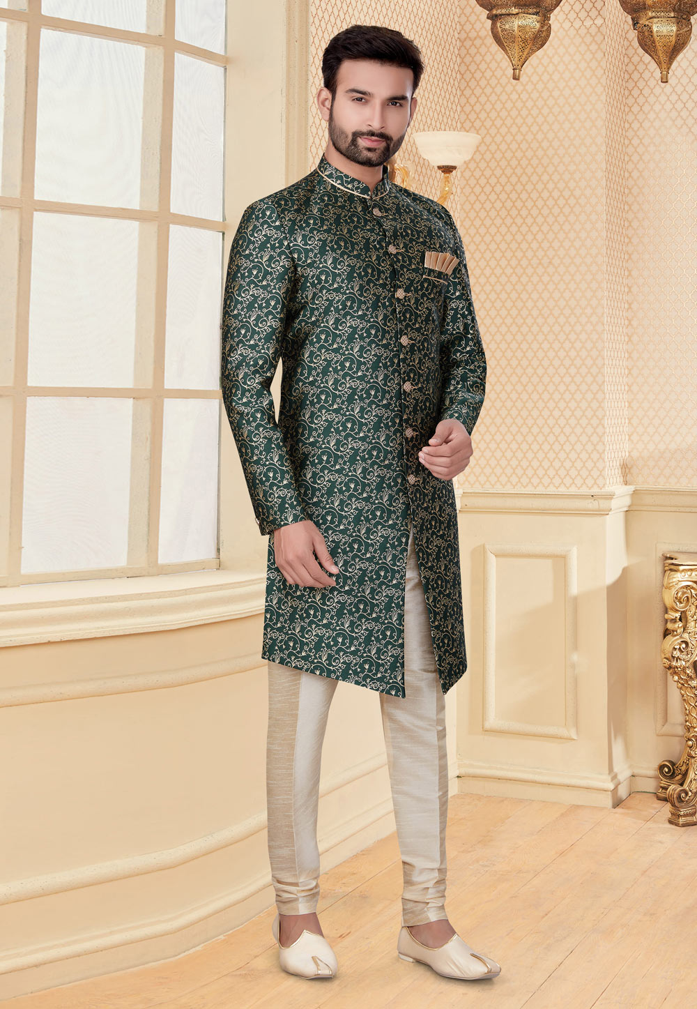 Green Jacquard Indo Western Suit 232027