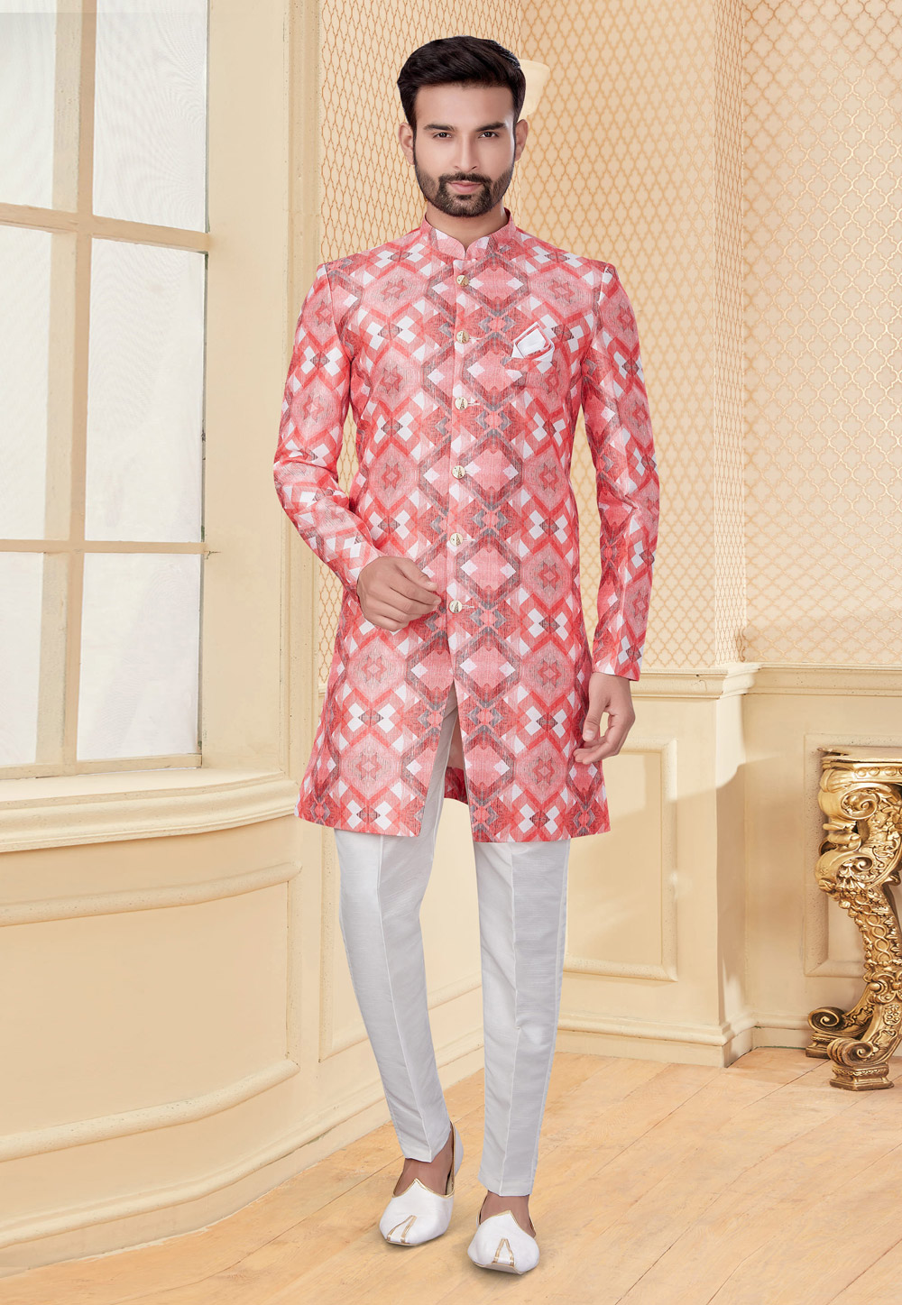 Pink Jacquard Indo Western Suit 232028