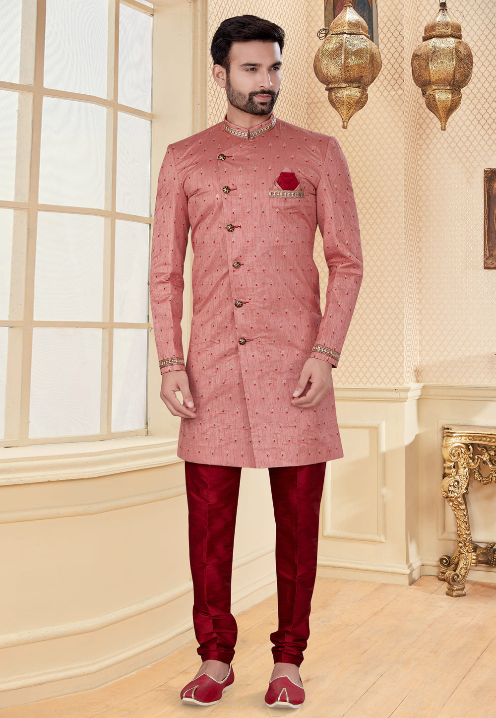 Pink Jacquard Indo Western Suit 232033