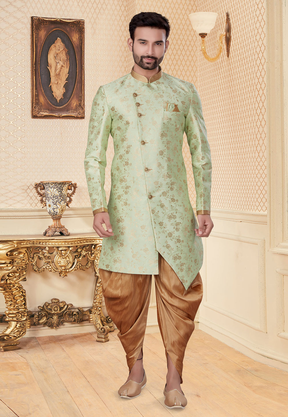 Green Jacquard Indo Western Suit 232036