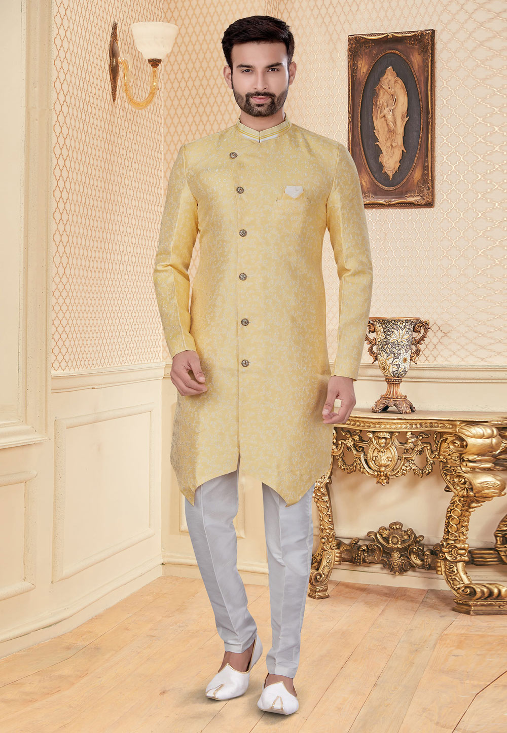 Yellow Jacquard Indo Western Suit 232039