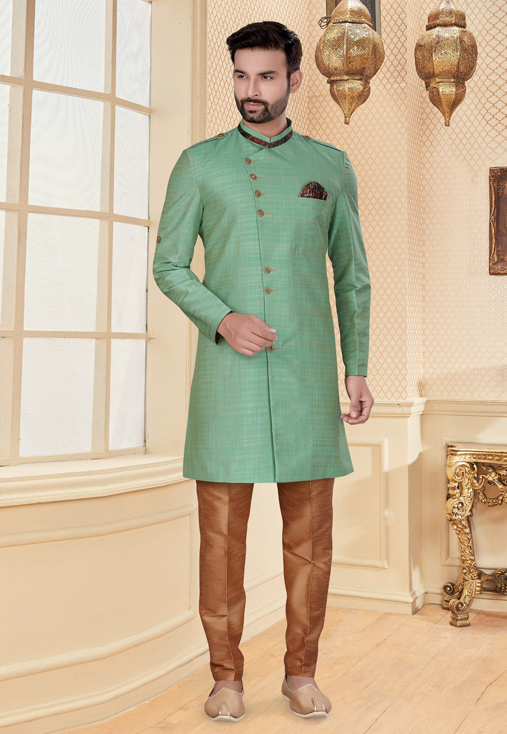 Green Silk Indo Western Suit 232042