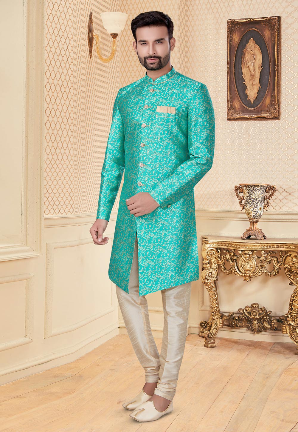 Green Jacquard Indo Western Suit 232044