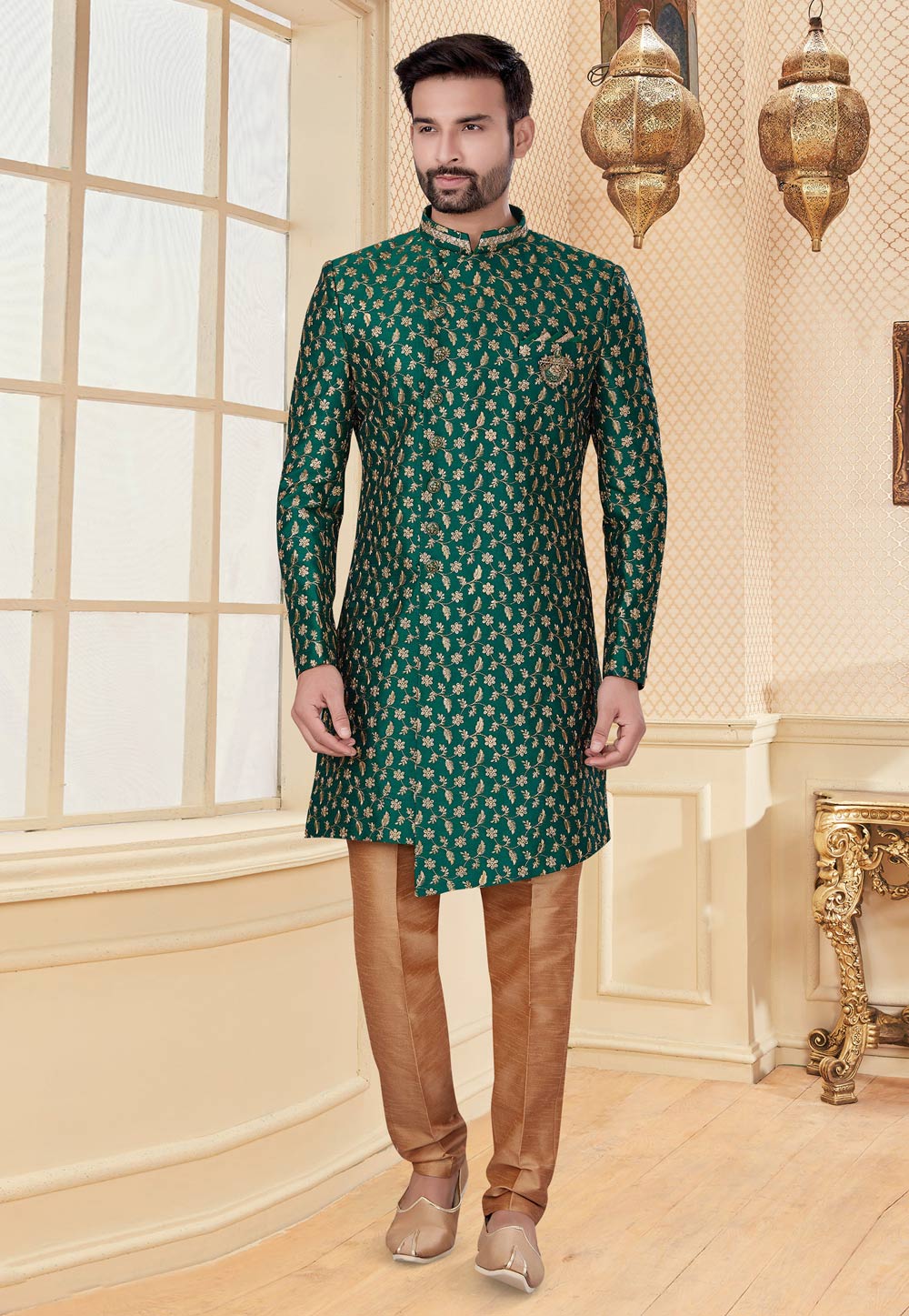 Green Jacquard Indo Western Suit 232052