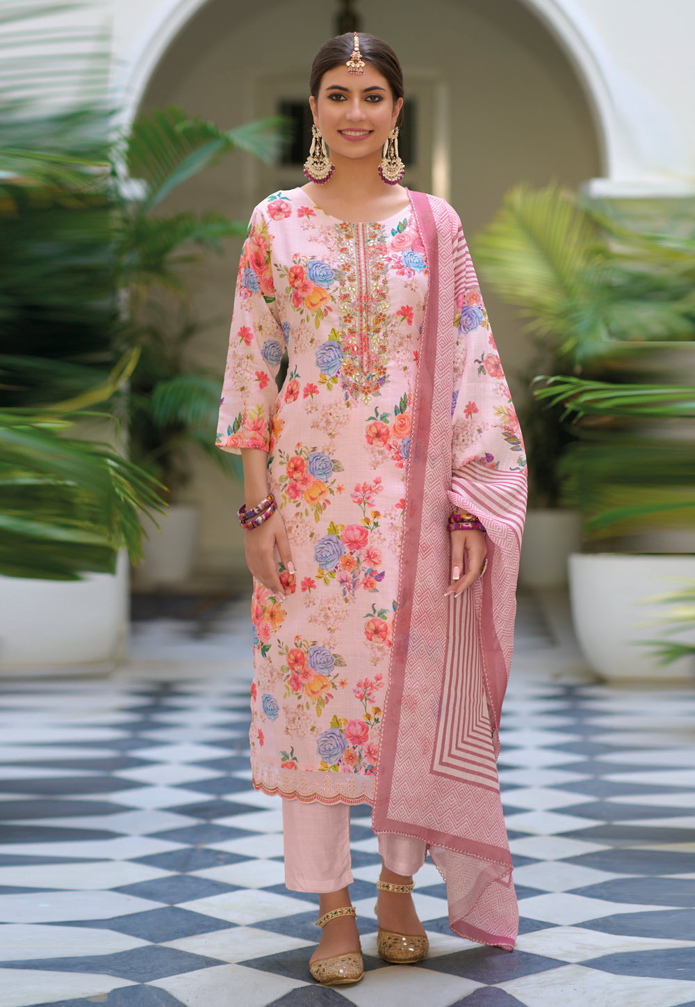 Pink Linen Readymade Pant Style Suit 266062