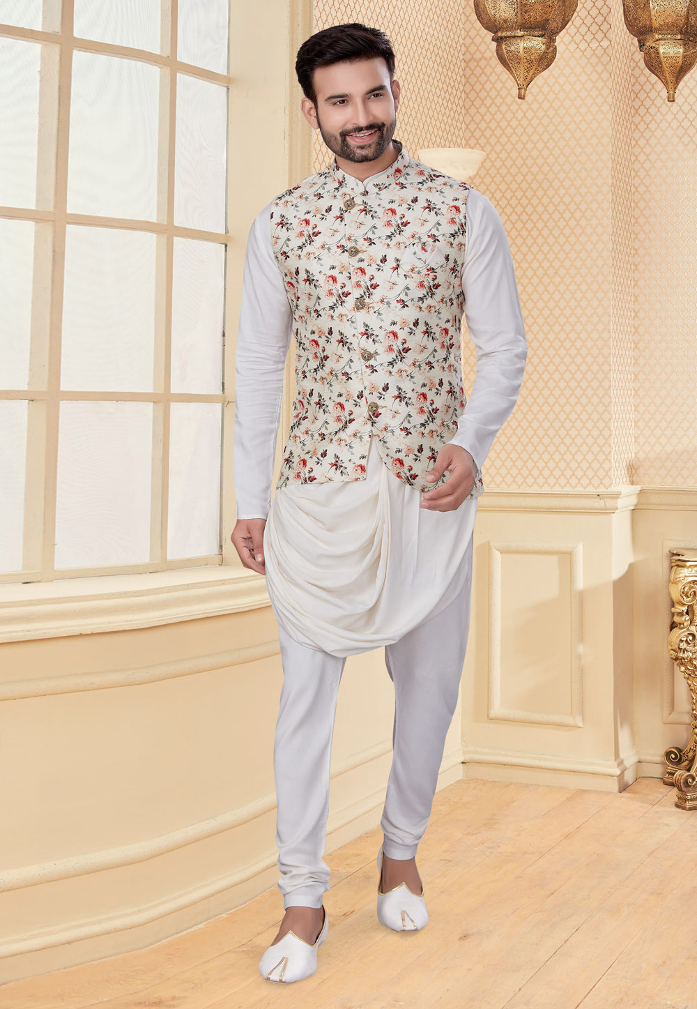 White Soft Silk Kurta Pajama With Jacket 232060