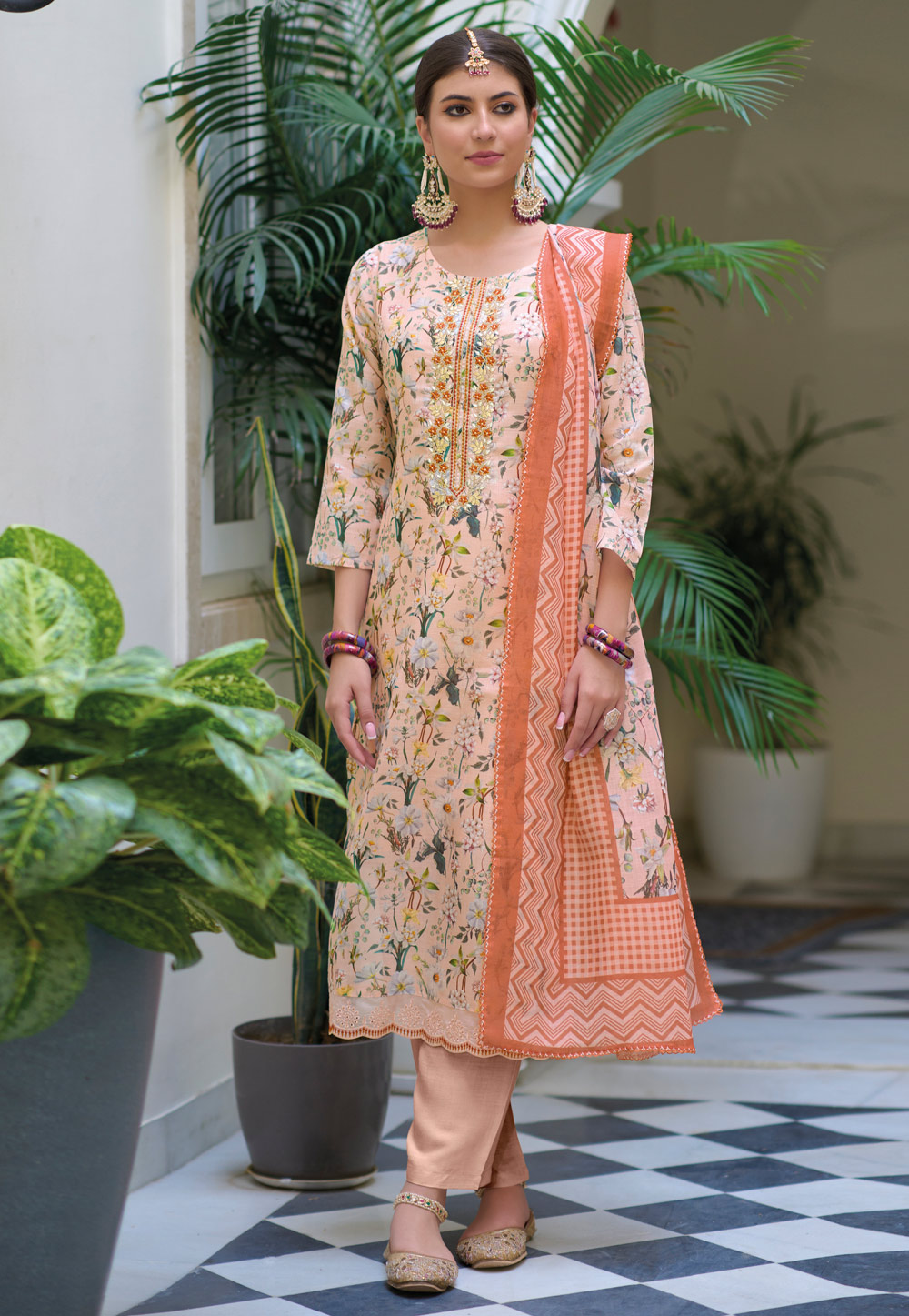 Peach Linen Readymade Pant Style Suit 266064