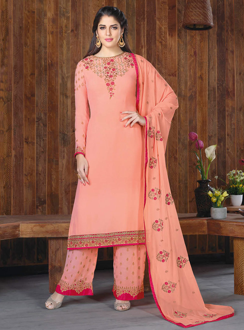 Izabelle Leite Peach Georgette Kameez With Palazzo Pant 89327