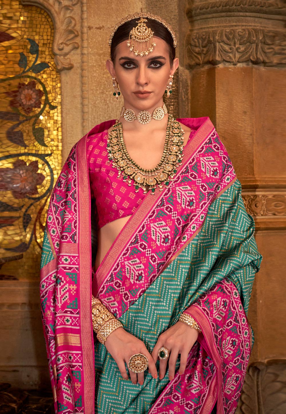 Hot Pink Color Soft Patola Silk Saree With Green Blouse