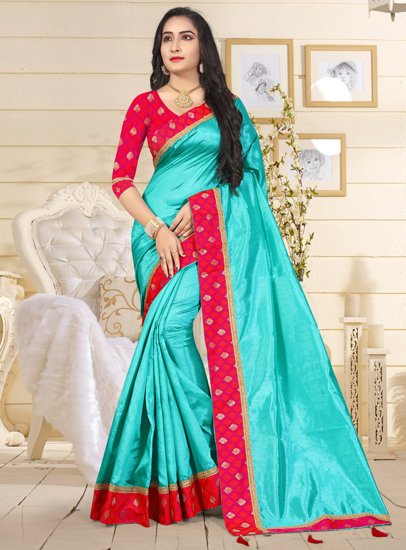 Turquoise Brocade Saree With Blouse 129084