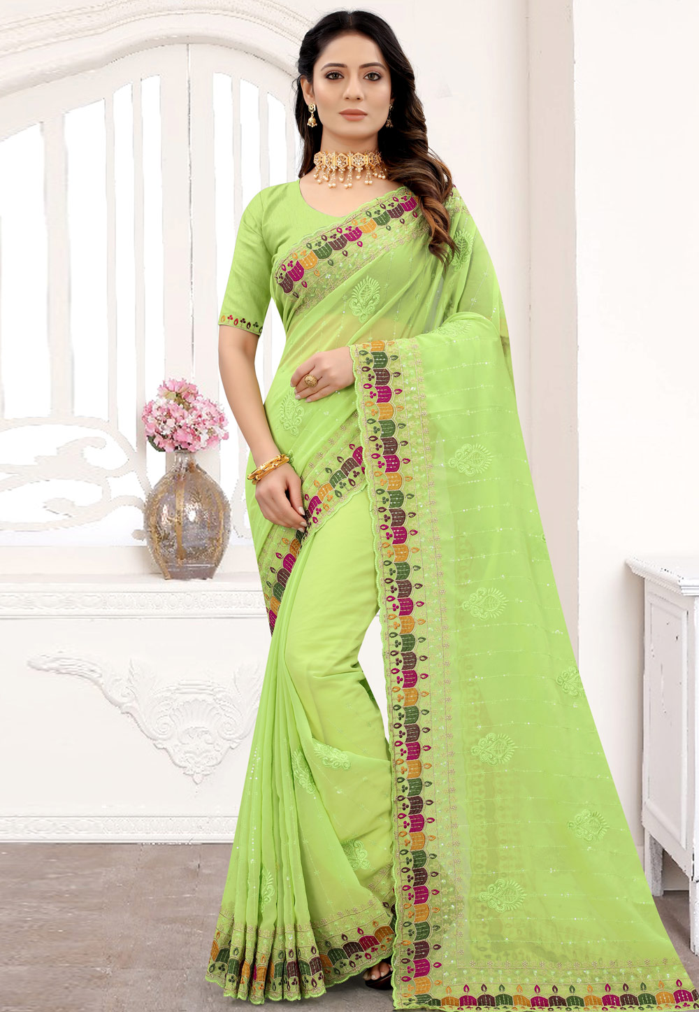 Light Green Georgette Saree With Blouse 240932