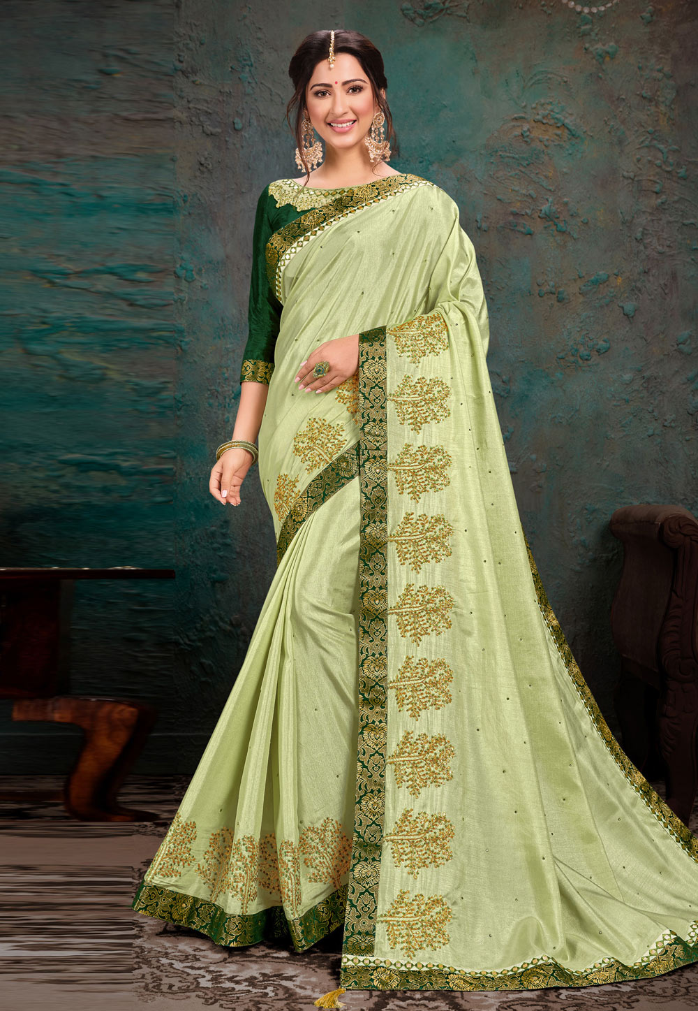 Pista Green Silk Festival Wear Saree 223013