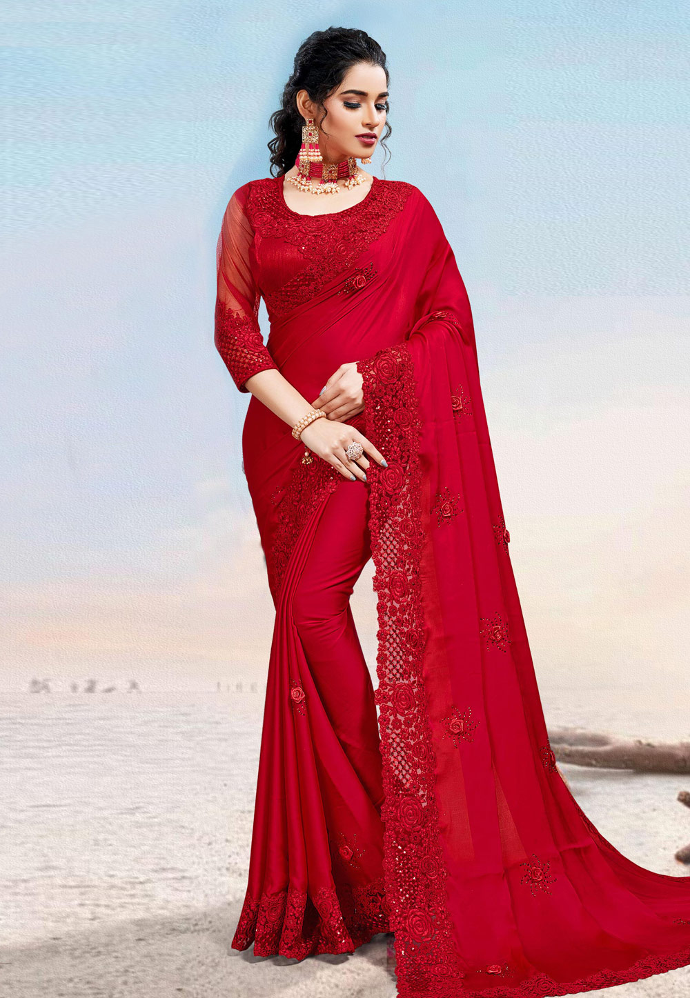 Red Satin Silk Saree With Blouse 223062