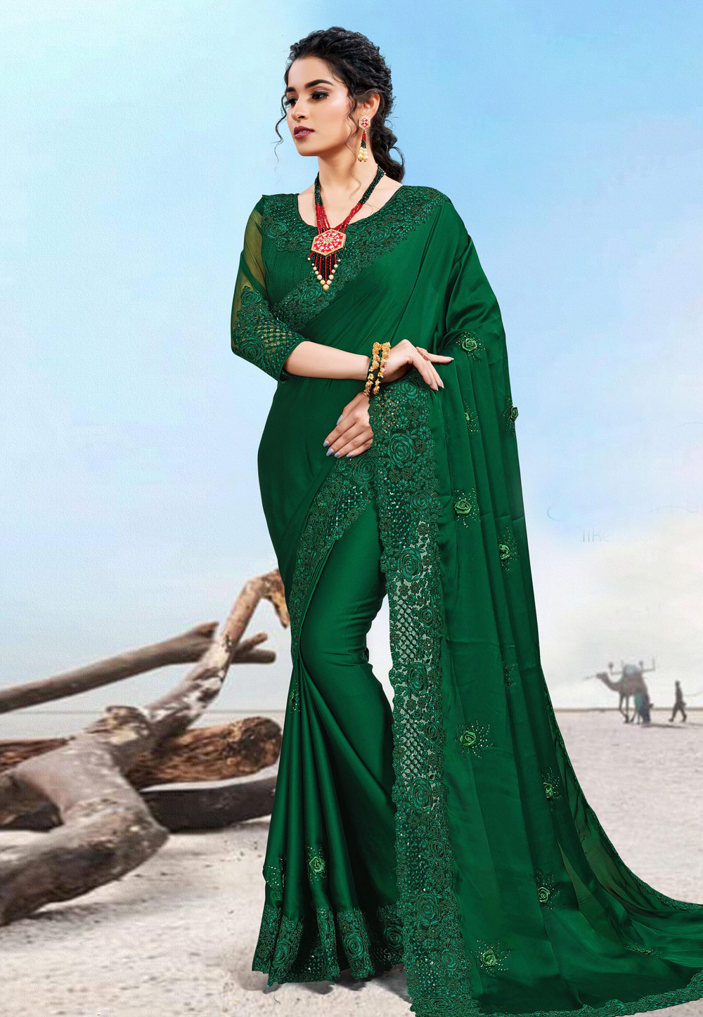 Green Satin Silk Festival Wear Saree 223063