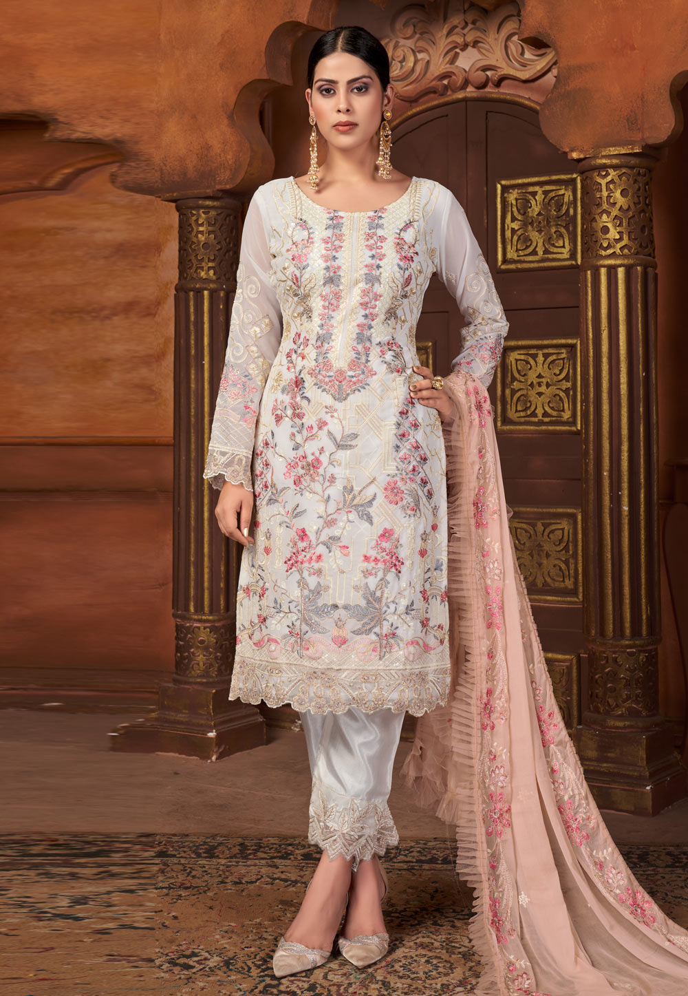 Off White Faux Georgette Kameez With Pant 245056