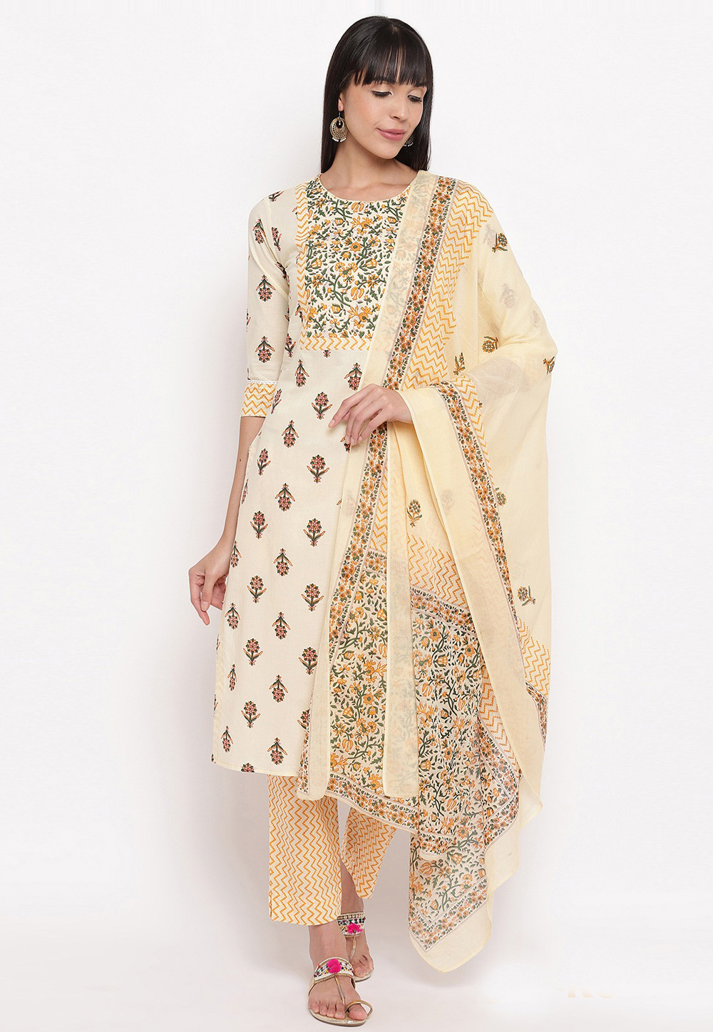 Cream Cotton Readymade Kameez With Pant 223134