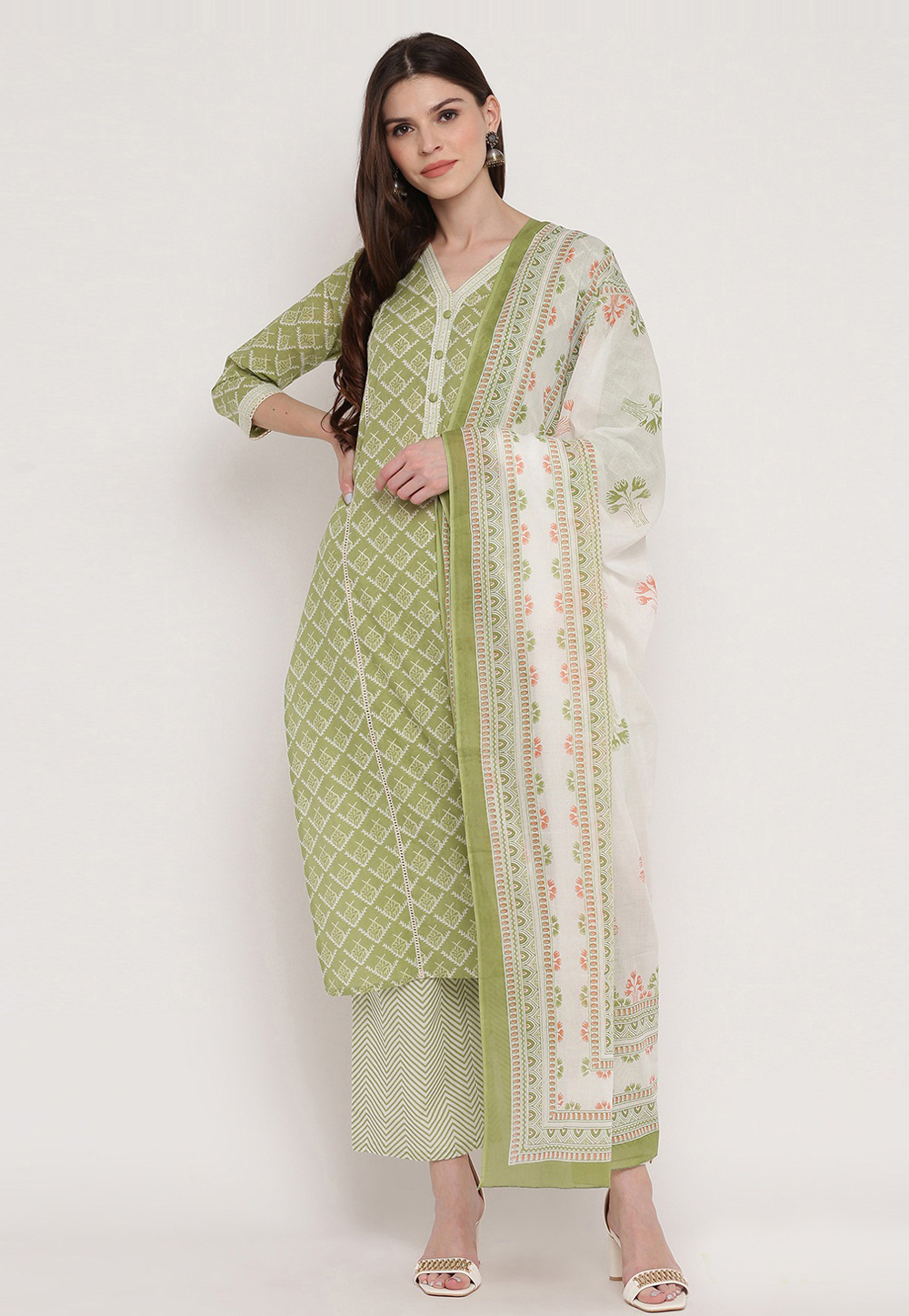 Green Cotton Readymade Kameez With Palazzo 223142