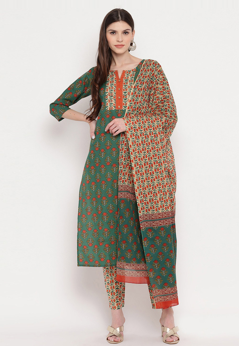 Green Cotton Readymade Pant Style Suit 223143