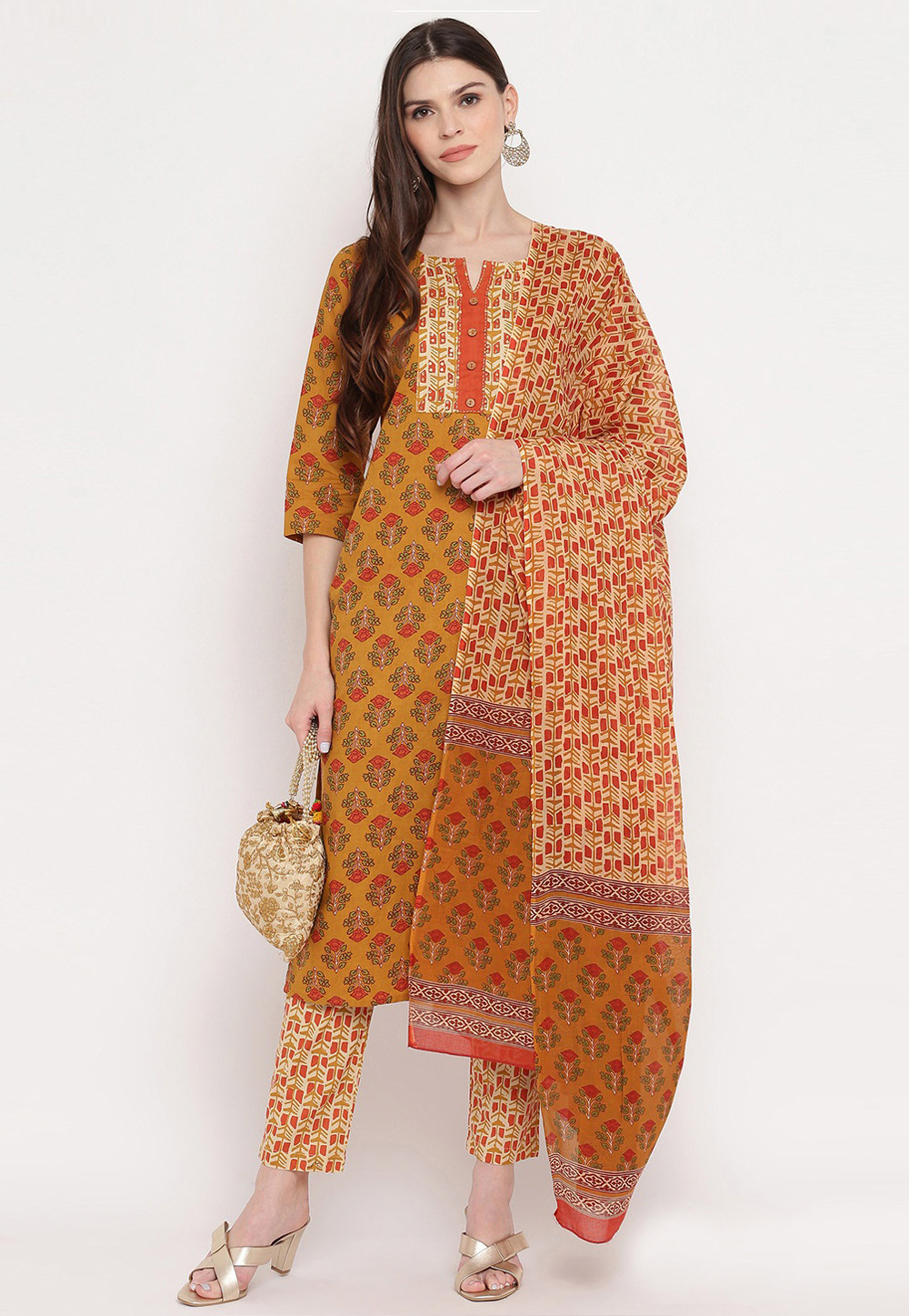 Mustard Cotton Readymade Kameez With Pant 223144