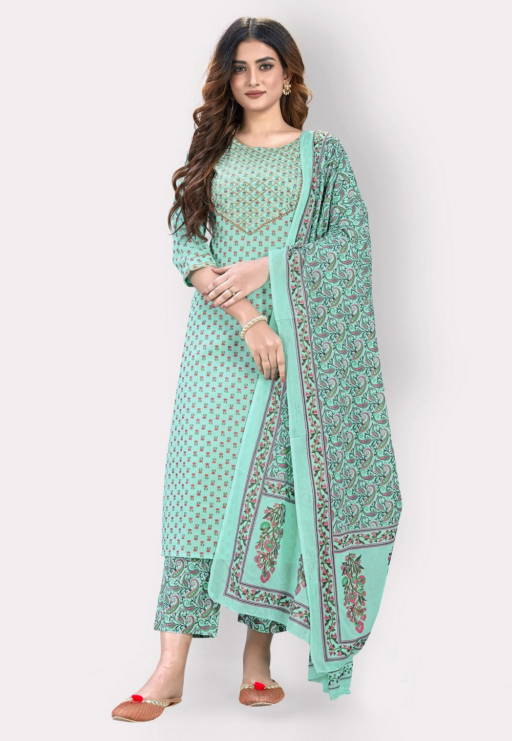 Sea Green Cotton Readymade Kameez With Pant 223149