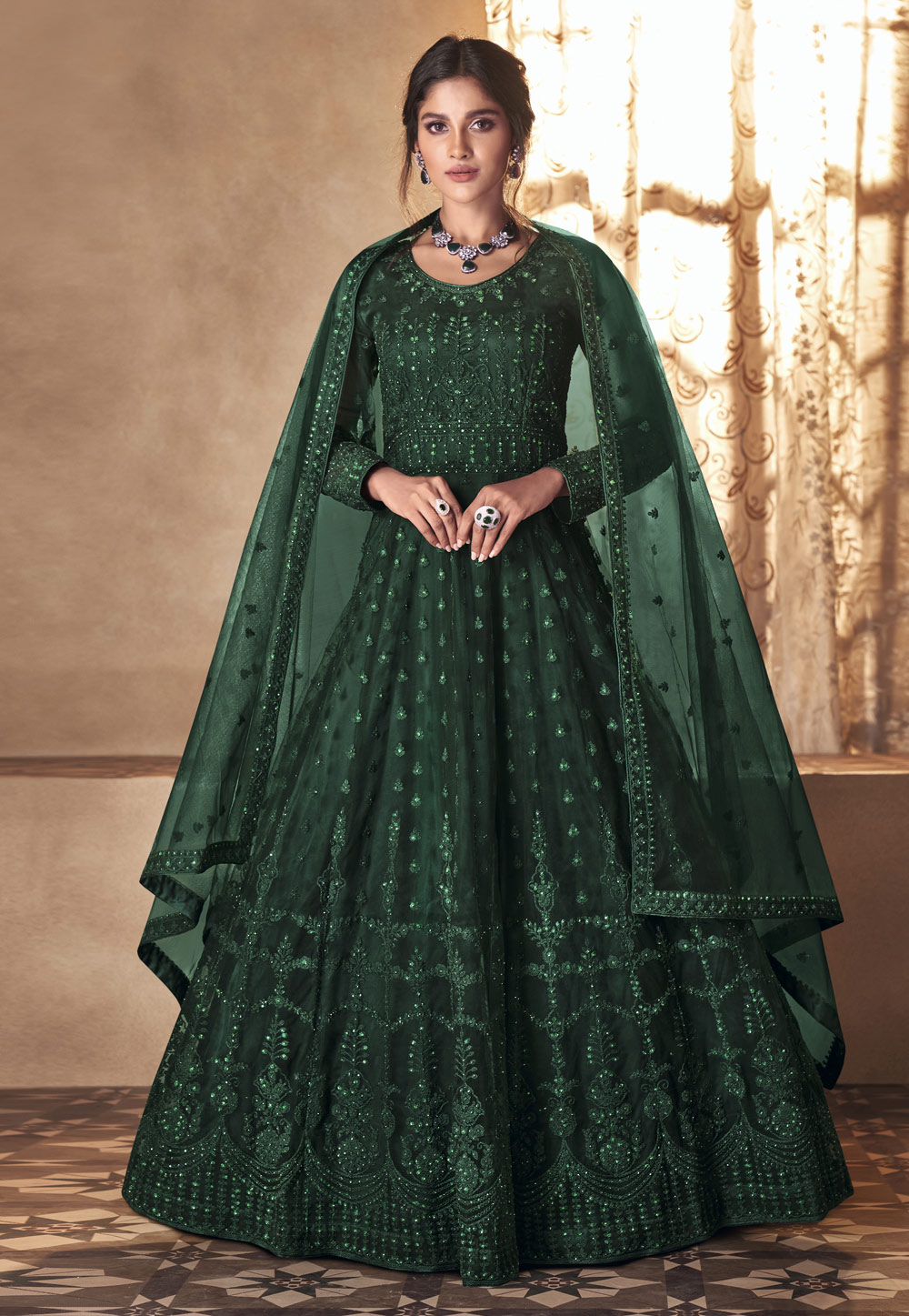 Green Net Embroidered Abaya Style Anarkali Suit 231668
