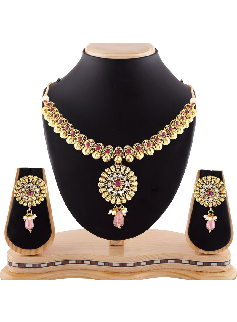 Pink Austrian Diamonds Necklace With Earrings 87868