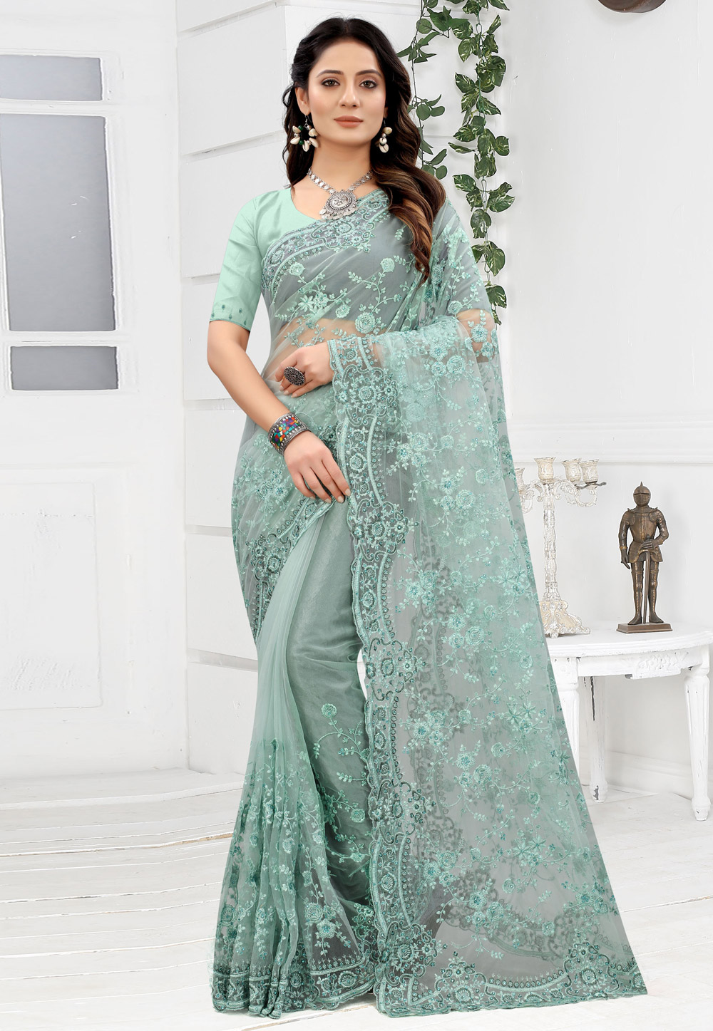 Sea Green Net Saree With Blouse 241019
