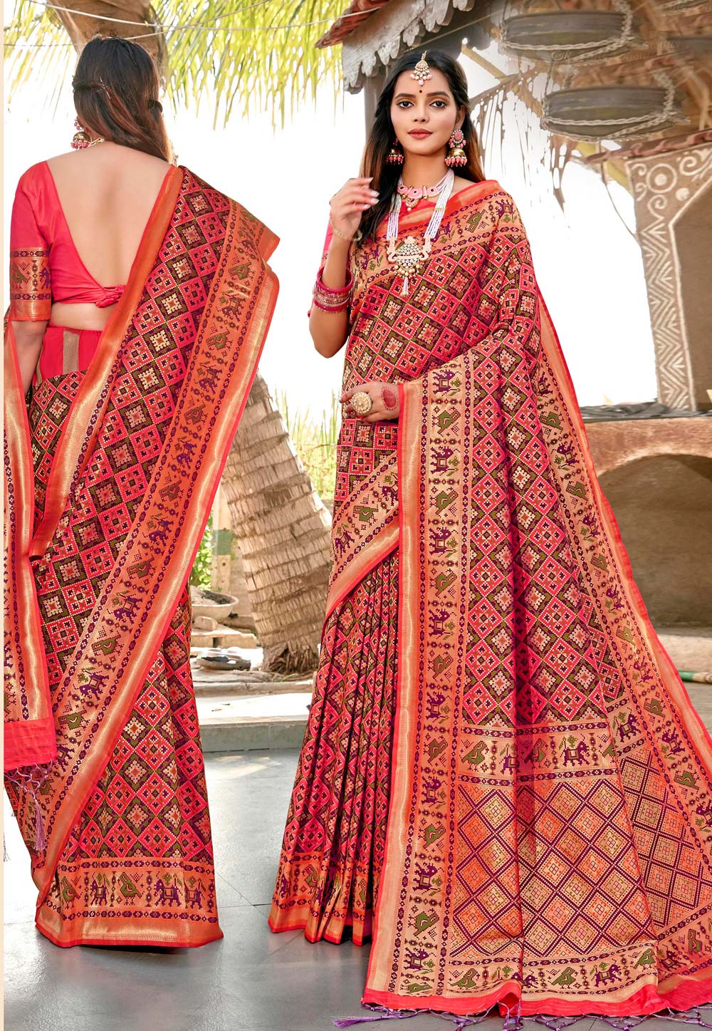 Pink Banarasi Silk Patola Print Saree 223216
