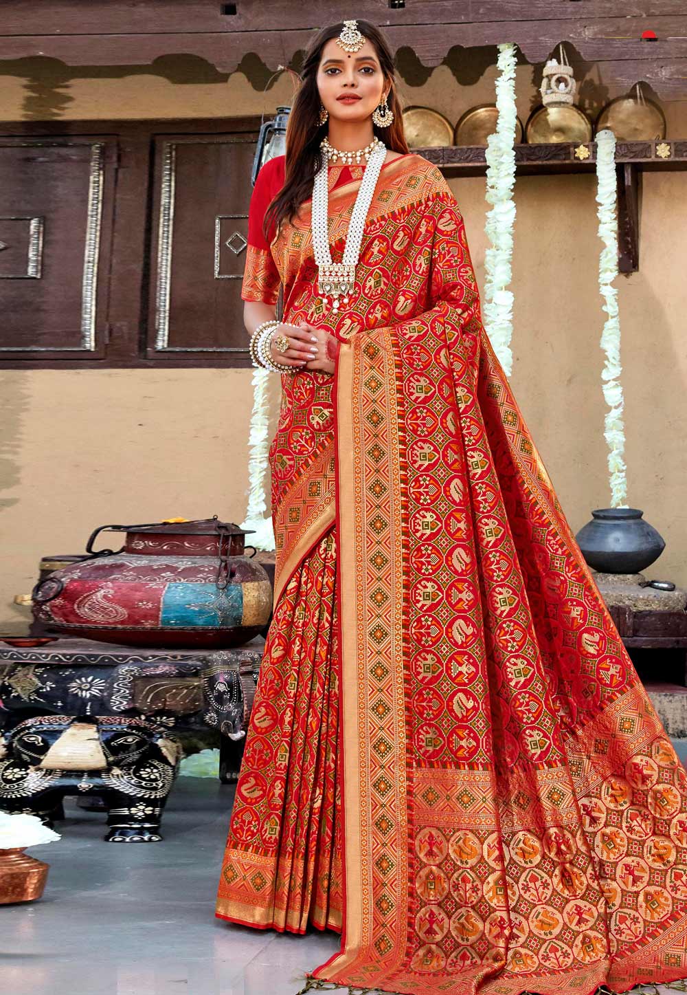 Red Banarasi Silk Patola Print Saree With Blouse 223219