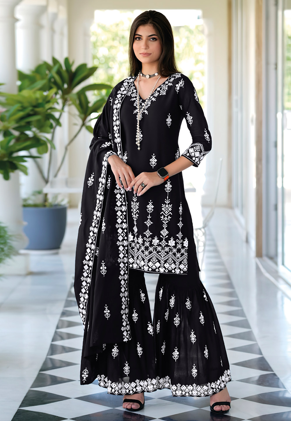 Black Cotton Readymade Sharara Suit 266184