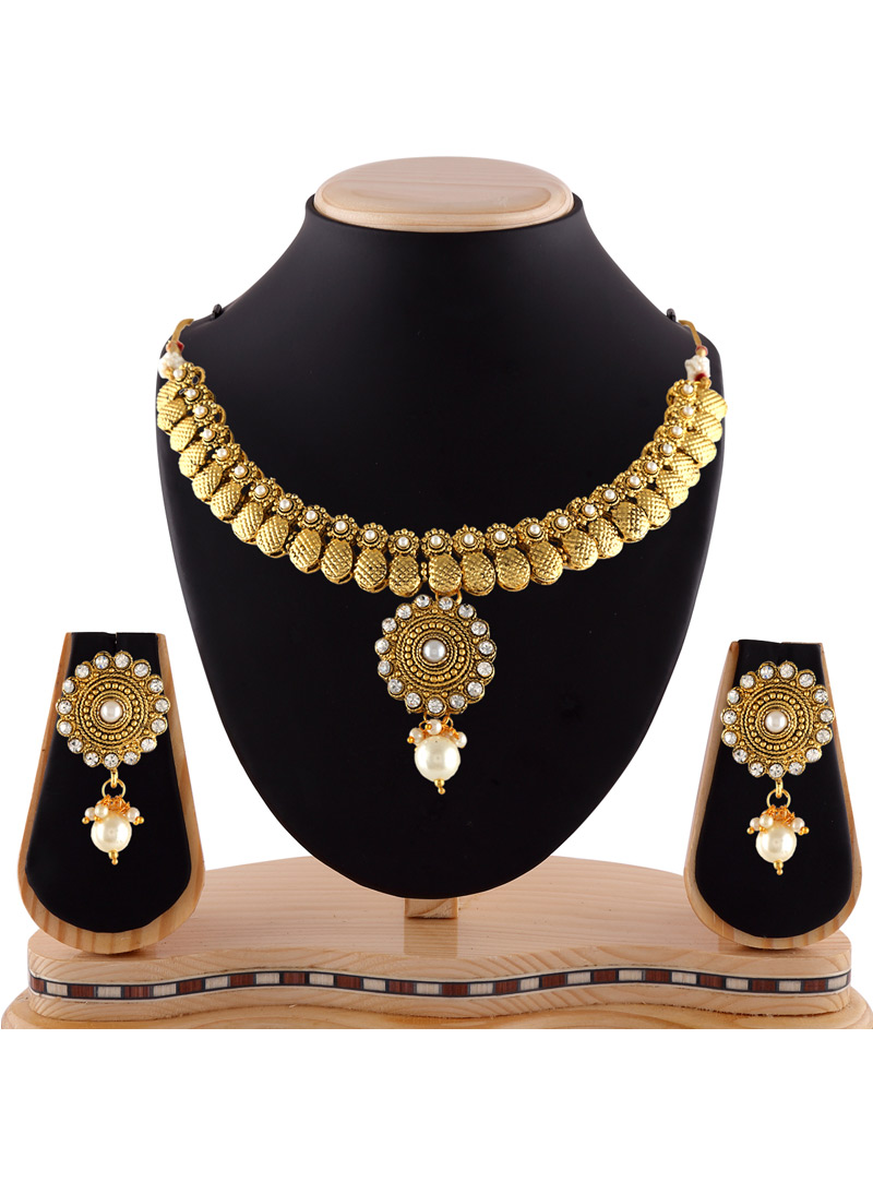 Golden Austrian Diamonds Pearl Necklace With Earrings 87869