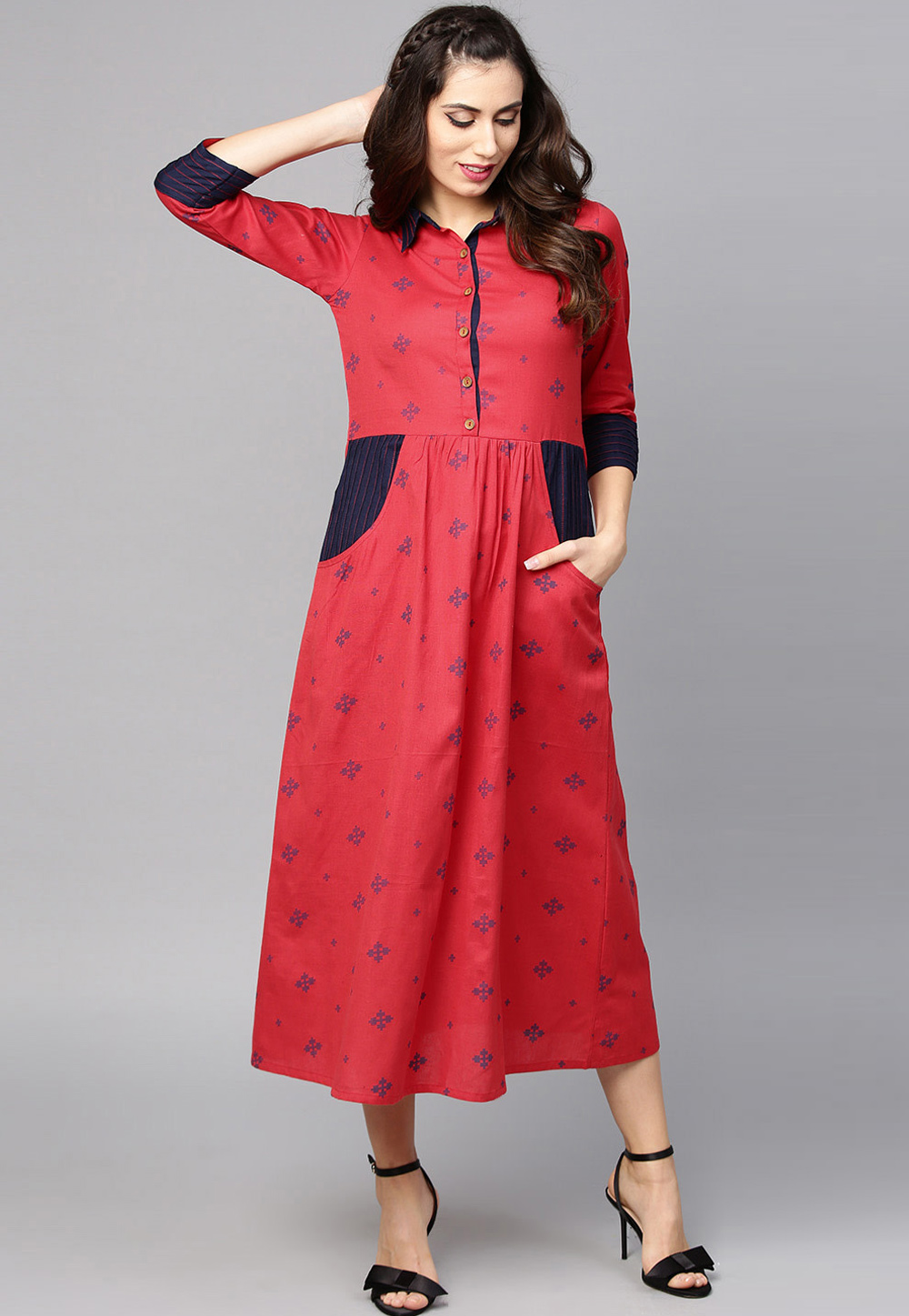 Red Cotton Readymade Tunic 208095