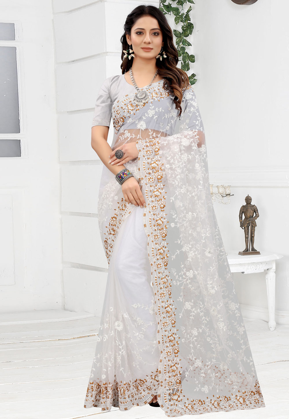 Off White Net Saree With Blouse 241023