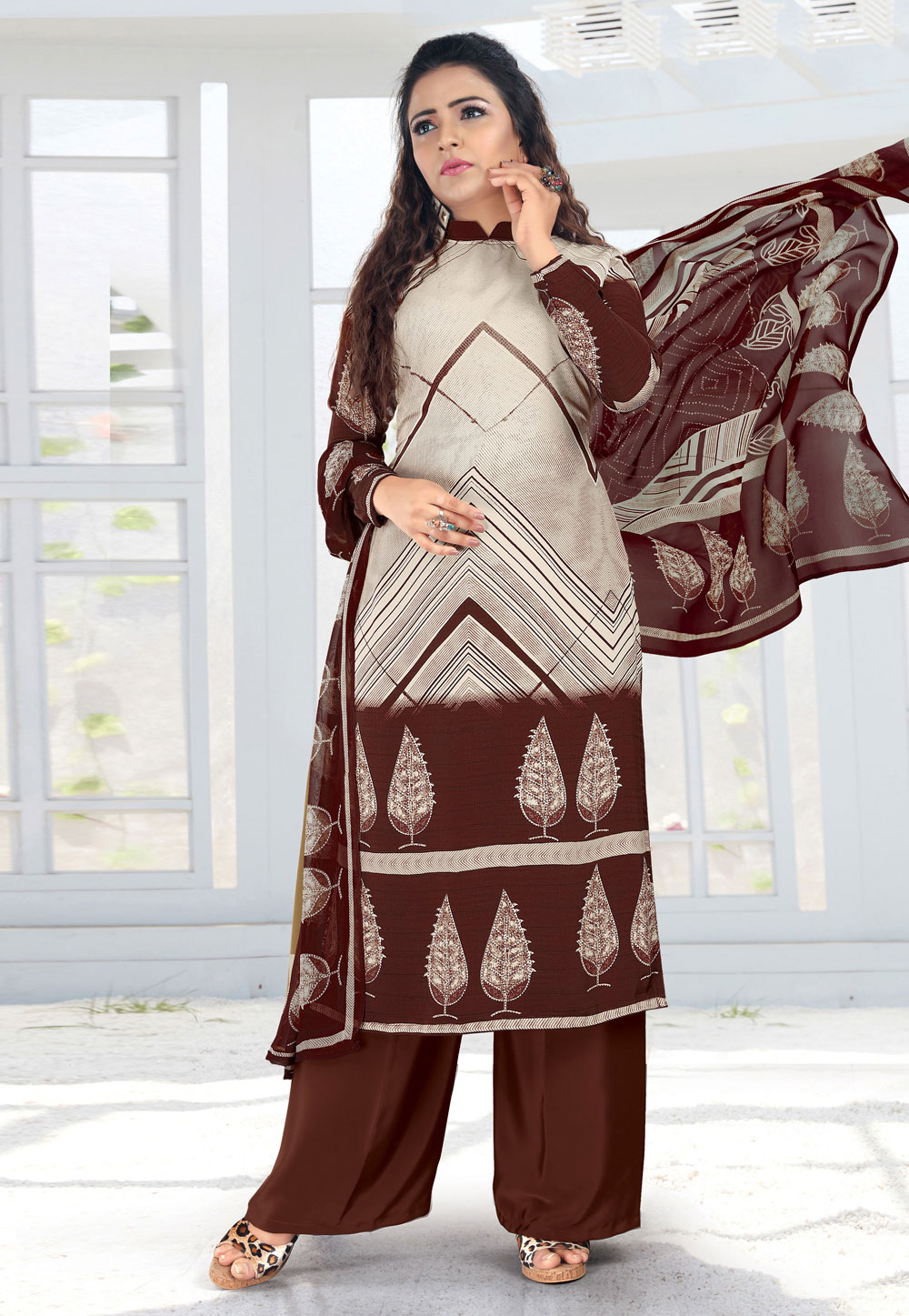 Brown Crepe Palazzo Suit 223704