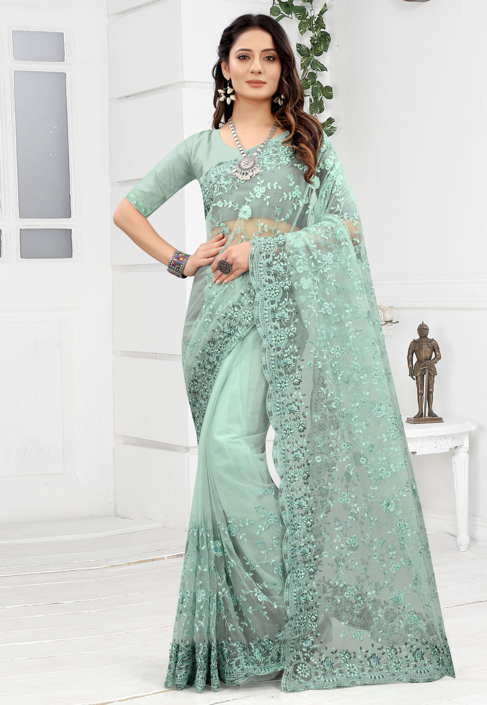 Sea Green Net Saree With Blouse 241025