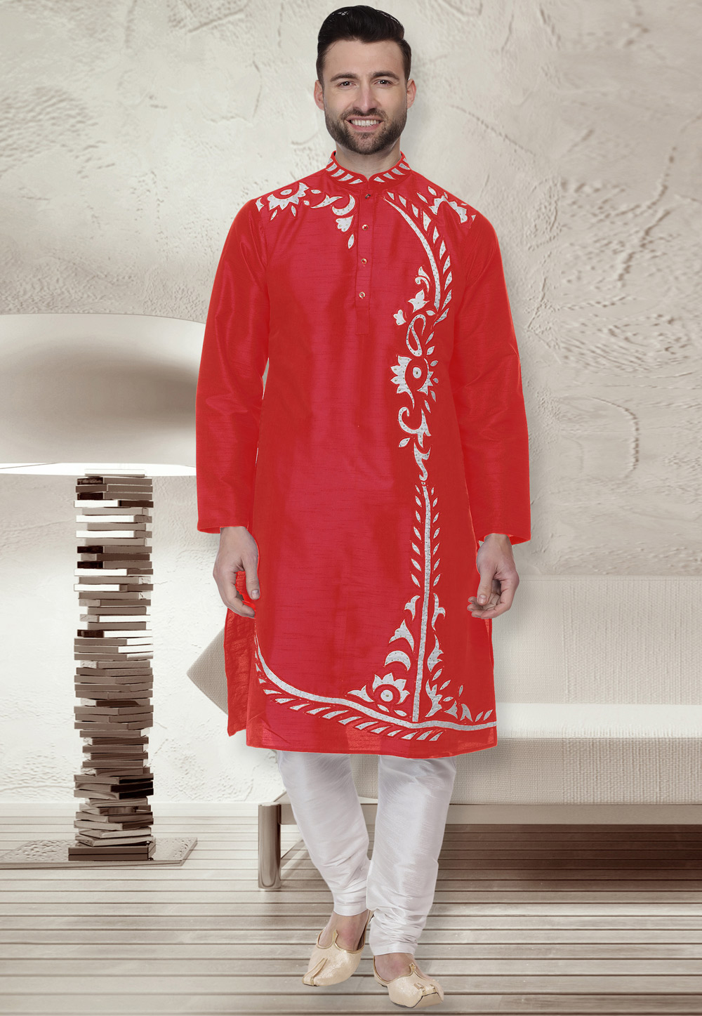 Red Dupion Silk Readymade Kurta Pajama 203915