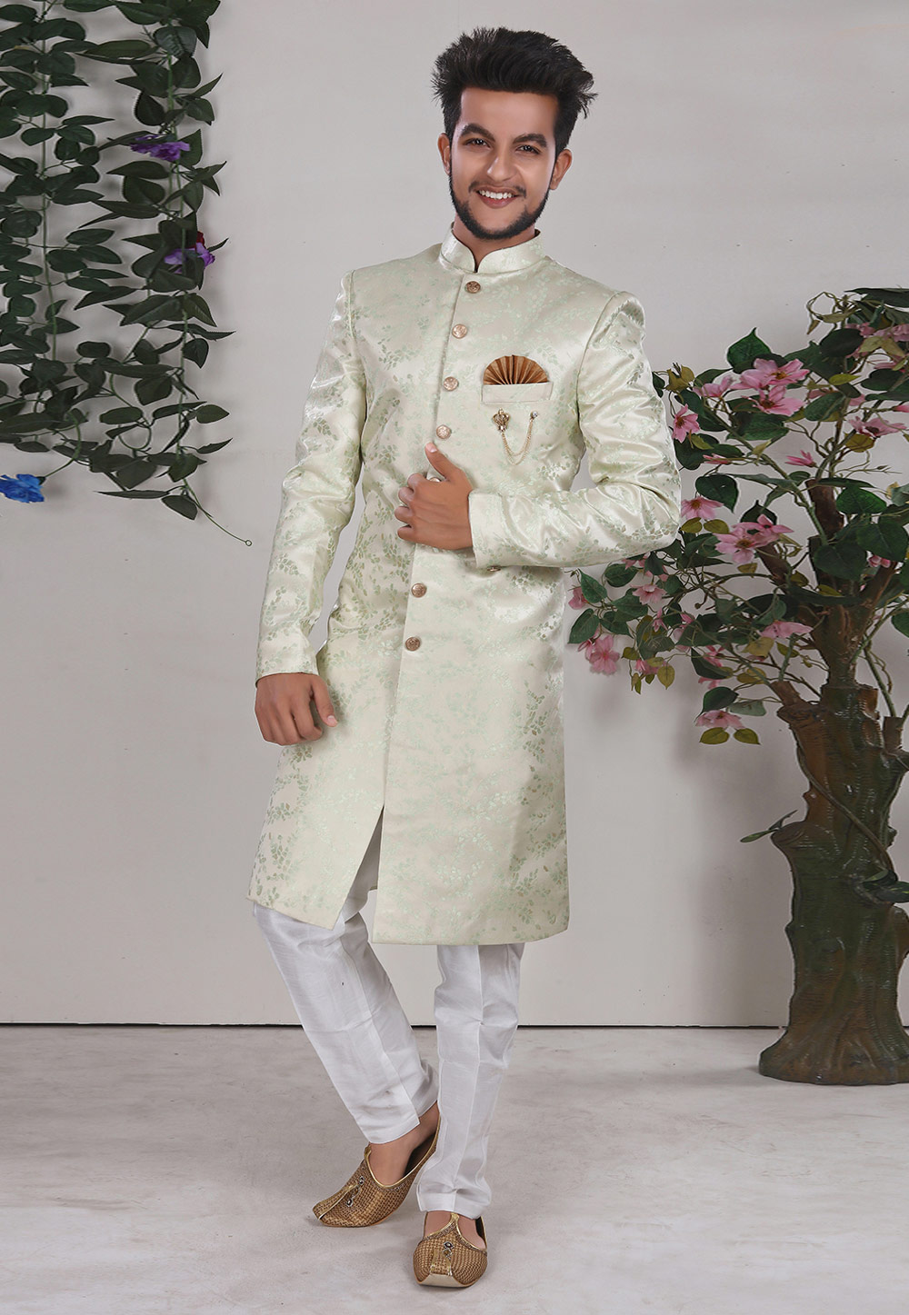 Off White Jacquard Indo Western Suit 225321